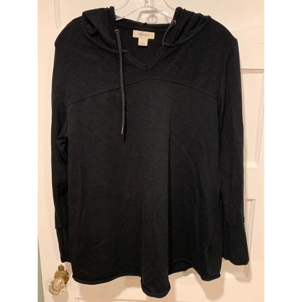 Style & Co. V-neck Hoodie Pullover Black Size Large Long Sleeves and Drawstring